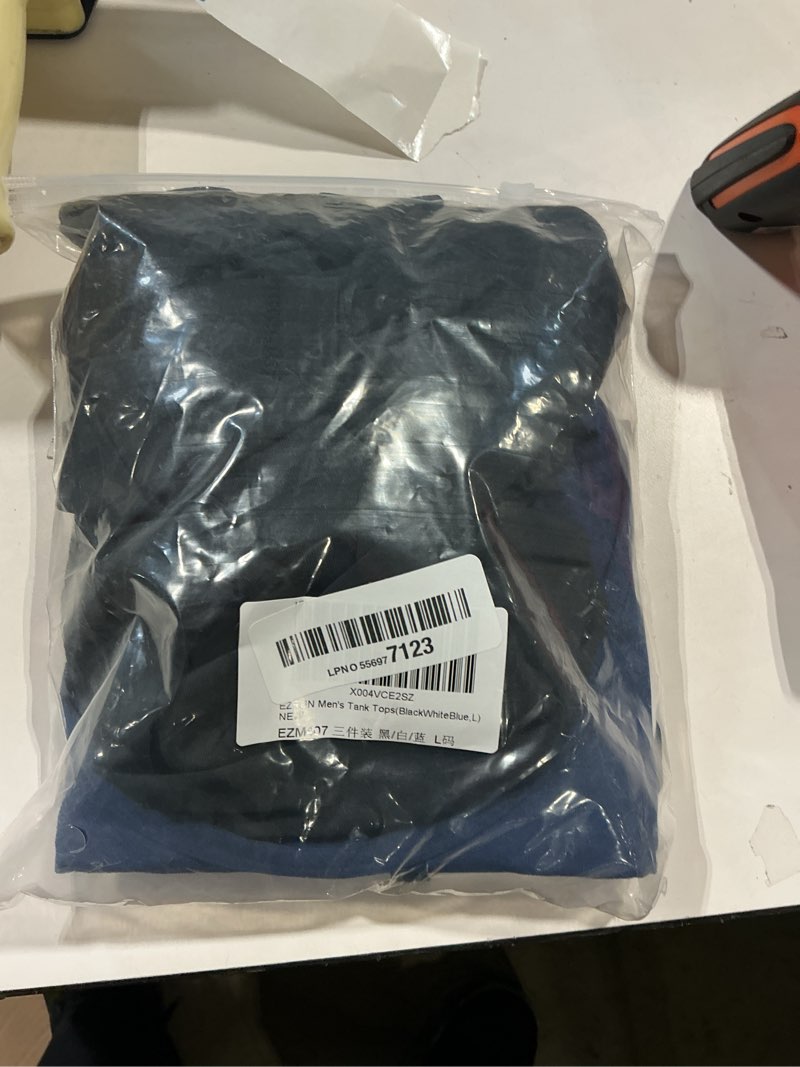 Condition photo showing Good Condition for ezrun men's quick dry workout tank top upf 50+ sweat-wicking gym shirt | soft 4-way stretch sleeveless shirt with reflective logos. moisture wicking to keep you cool during intense gym workouts large 3 pack - black/white/blue