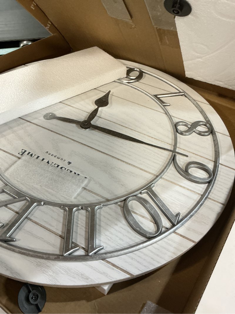 Condition photo showing Good Condition for presentime & co classic farmhouse shiplap clock, 19.5 inch, galvanized finish arabic numerals with white shiplap style. large farmhouse decor for living room, entryway, home office. wall décor