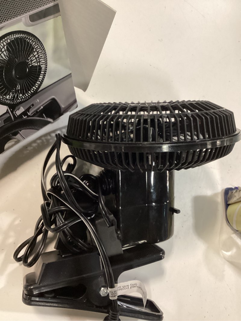 Condition photo showing As Is for auto drive black 12-volt 6" car clip-on or dash mount fan
