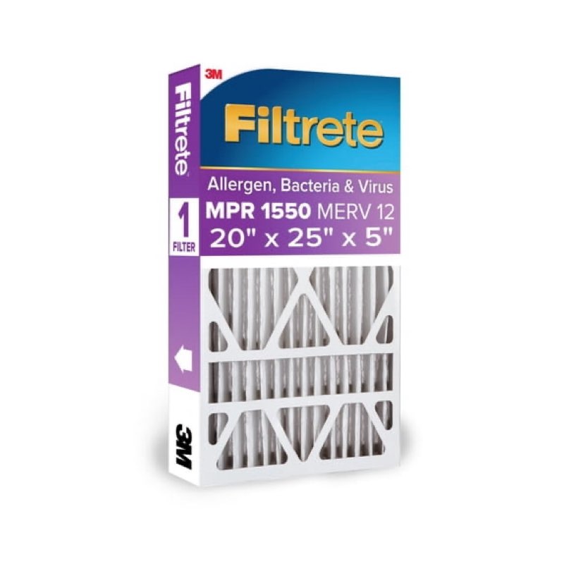 filtrete 20x25x5 hvac furnace air filter, mpr 1550 merv 12, allergens, bacteria & viruses, 1