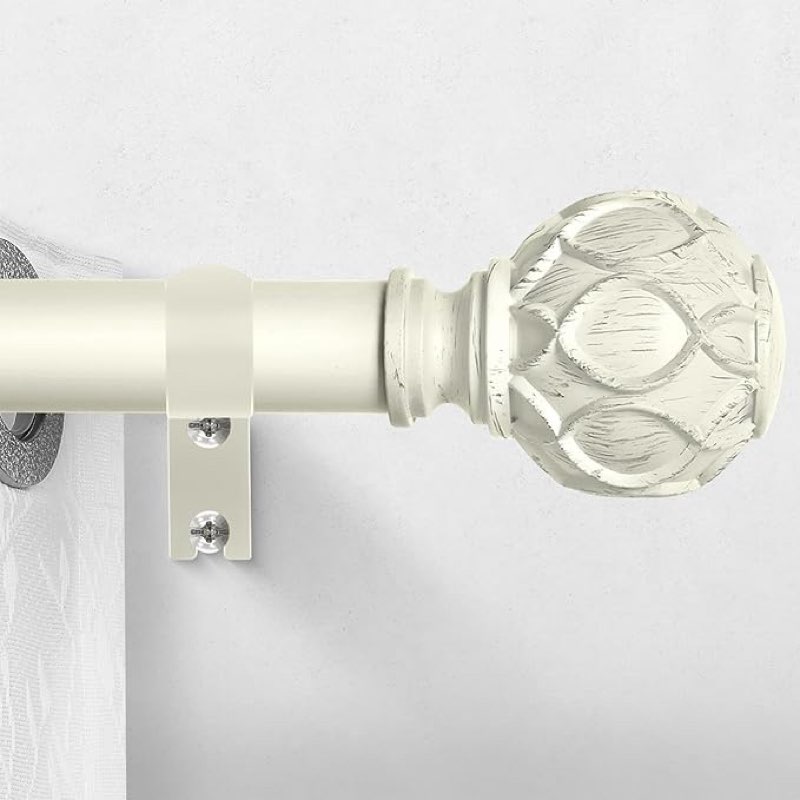 white curtain rods for windows 48 to 84 inch, antique decorative 1 inch adjustable heavy duty window treatment rods, vintage rustic farmhouse drapery rod with boho netted texture finials white 36''-88'' (1 pack)