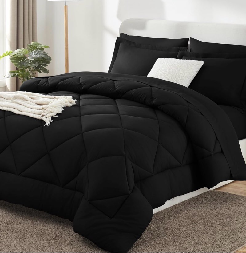 CozyLux King Size Comforter Set Black - 7 Pieces Bed in a Bag King, Luxury Soft Bed Set for All Seasons, Bedding Set with Down Alternative Comforter, Sheets, Pillowcases & Shams Black King