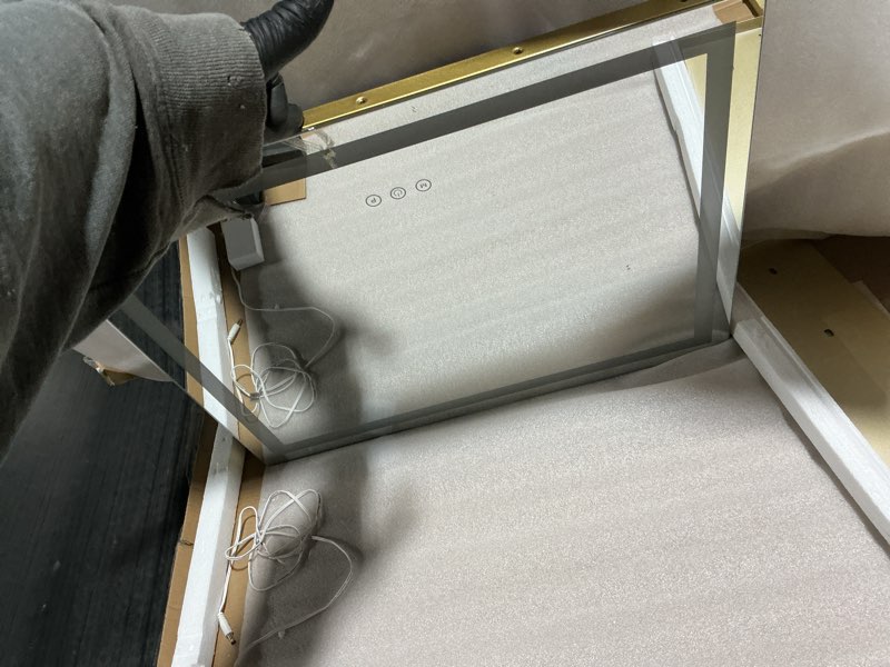 Condition photo showing As Is for FENNIO 23" x 18" Vanity Mirror with Lights?LED Makeup Mirror?Hollywood Mirror with 3 Color Modes & Adjustable Brightness?Vanity Mirror Square Gold Gold 23"L x 18"W