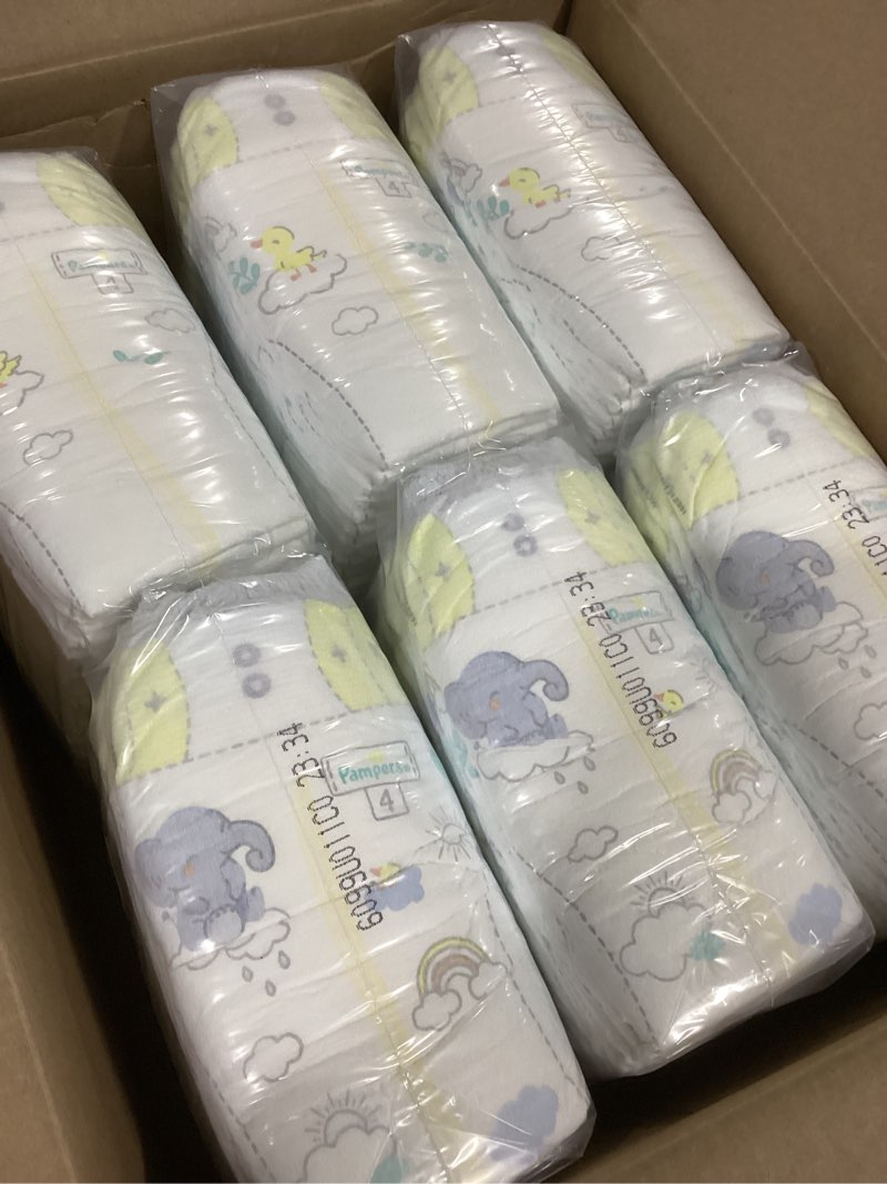 Condition photo showing New/Like New for pampers swaddlers diapers, size 4 (15-34 lbs), 150 count, absorbent, keeps baby dry and comfortable, skin safe disposable baby diaper (packaging may vary) size 4 150