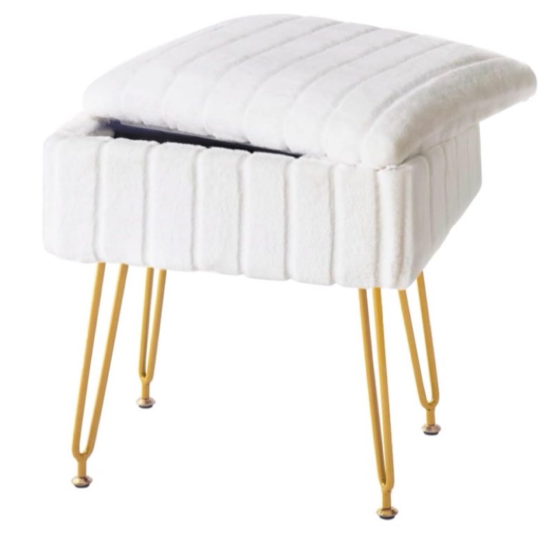 Sweetcrispy Vanity Stool Chair with Storage, 18.9”H x 16”L x 12.2”W Ottoman Chair Faux Fur Soft Padd