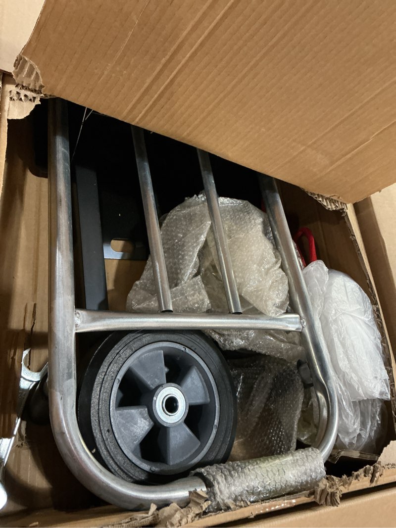 Condition photo showing Good Condition for 800 lb dolly cart with 8" solid rubber wheels, heavy duty folding hand truck dolly with bungee cords, compact foldable alloy steel design for warehouses, homes, offices, and small business