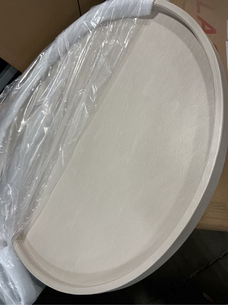 Condition photo showing Good Condition for 30-inch round ottoman serving tray - textured pu leather coffee table decor, waterproof heat-resistant large organizer for home, office, bed & party essentials (tranquil beige, 30) tranquil beige 30"