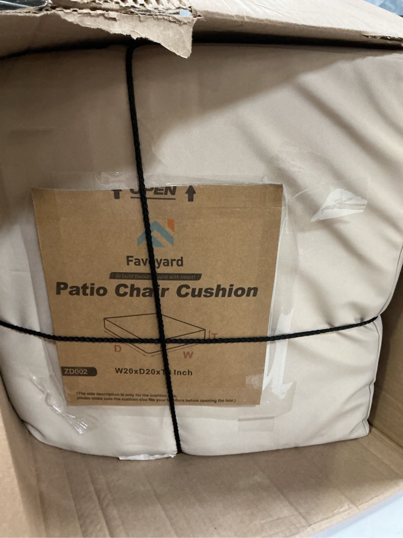 Condition photo showing As Is for favoyard patio chair cushions 20 x 20 x 3 inch waterproof outdoor seat cushions for patio furniture 3-year color fastness garden sofa couch chair pads with handle & adjustable straps set of 2, beige beige 20 x 20 x 3 in
