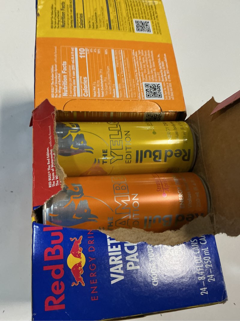Condition photo showing Good Condition for Red Bull Energy Drink Variety Pack, Red Bull Red, Yellow, and Amber Edition and Energy Drinks, 8.4 Fl Oz, 24 pack Cans Variety 8.4 oz., 24pk, (1x24)(BEST BY 02/19/2026