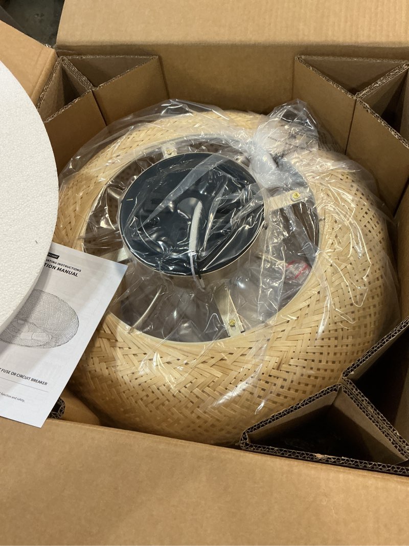 Condition photo showing New/Like New for 20in boho ceiling fans with lights,rattan caged low profile ceiling fan with light,6 speeds timer reversible dc motor for living room bedroom dining room gold + natural wood color