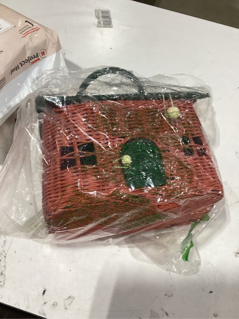 Condition photo showing Good Condition for kolwoven rattan storage basket with lid - mouse in a box - small doll house - decorative hand woven shelf organizer - cute handmade handcrafted gift decoration artwork wicker (moss green)