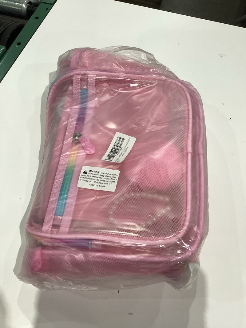 Condition photo showing New/Like New for Clear Backpack for Girls Women Teens, Heavy Duty TPU See-Through Bookbag for School, Work, Travel, College, Includes 2 Transparent Pencil Bags, Pink Clear Bag Pink