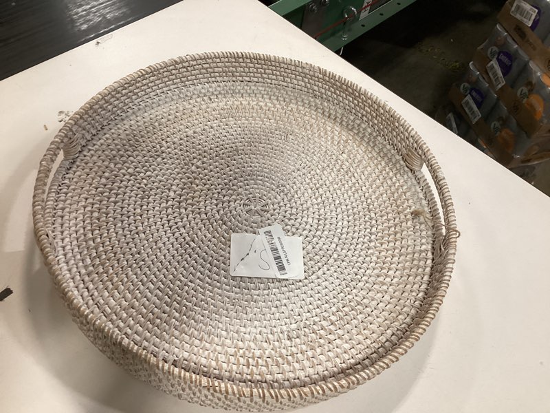 Condition photo showing New/Like New for 16.9" Round Rattan Tray, Hand Woven Serving Tray with Handles, Wicker Serving Basket, Decorative Tray for Home Decor, Whitewash Whitewash 16.9"