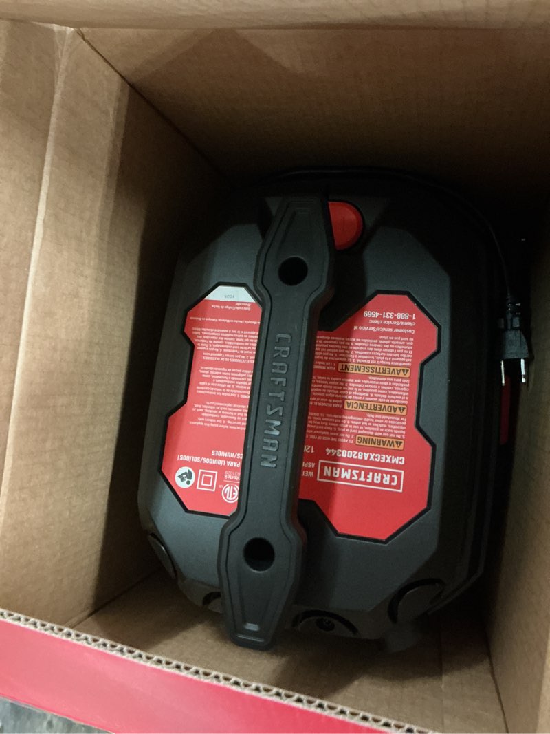 Condition photo showing As Is for craftsman 3-gallon 3 hp corded wet/dry shop vacuum with accessories included