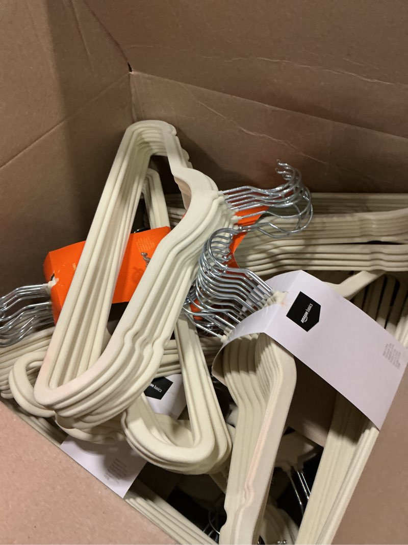 Condition photo showing Good Condition for amazon basics slim velvet non-slip space saving suit clothes hangers for closet organization, ivory/beige, 100-pack ivory/beige pack of 100