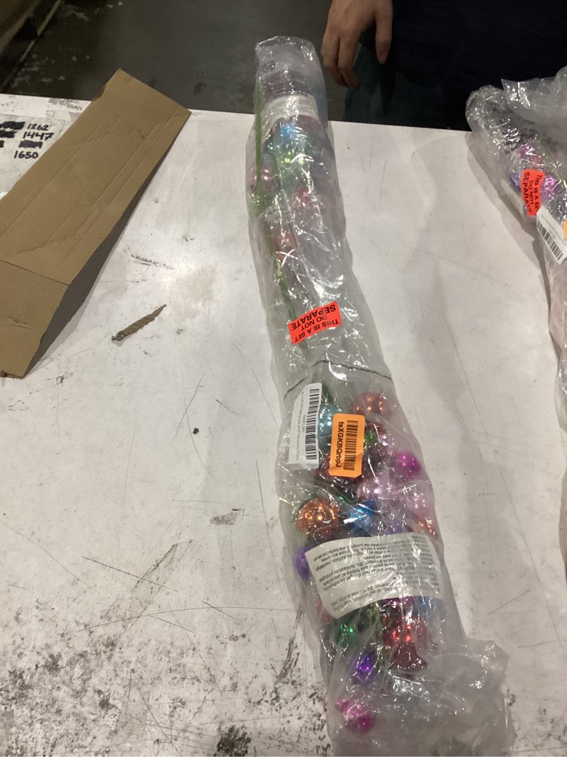 Condition photo showing New/Like New for multi color garland spray bells, set of 2, wreath, tree and center piece accent, colorful christmas décor, 31 inches