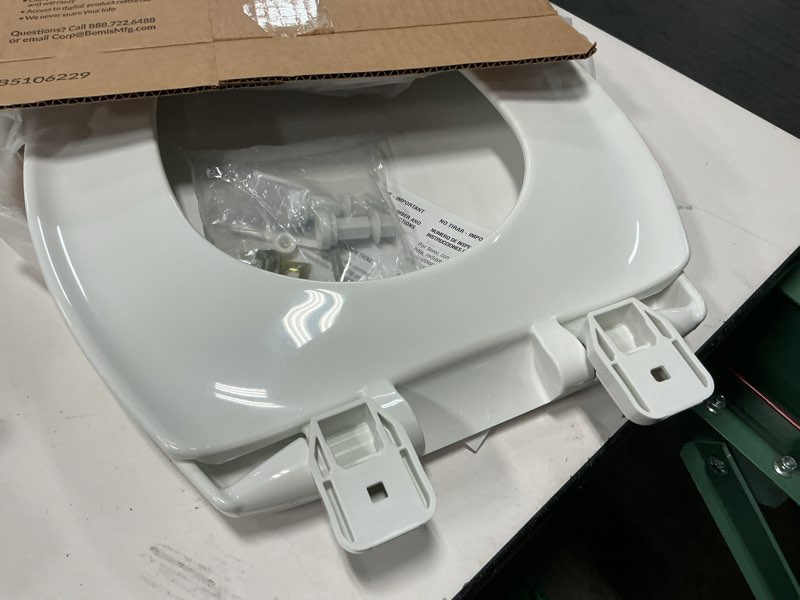 Condition photo showing Good Condition for mayfair collins slow close toilet seat, durable plastic seat with extra stability bumpers and secure hinges, made in usa, elongated, white