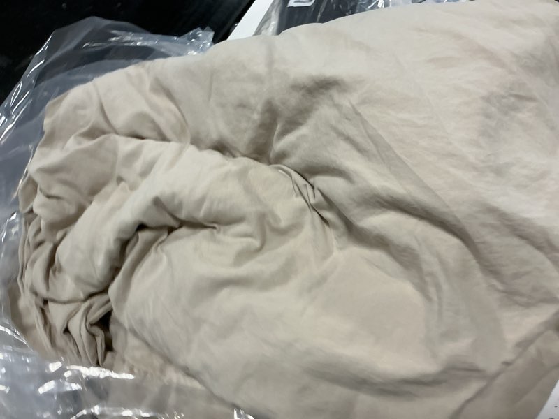 Condition photo showing Good Condition for hig 3 piece pre-washed off white queen duvet cover set | 2 layers ruffle, farmhouse style, 4 corner ties, zipper closure camel king