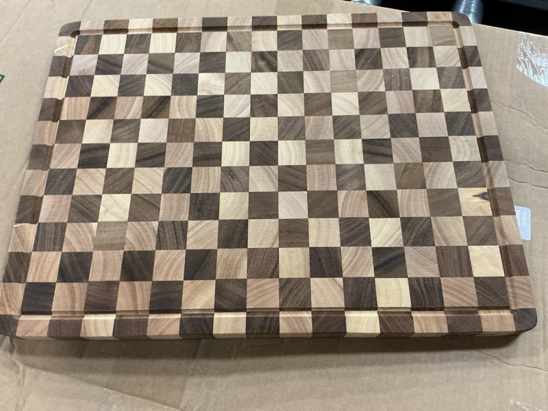 Condition photo showing As Is for thetchry cutting boards for kitchen, extra large chopping board for stovetop, checkered acacia wood cutting board with juice grooves, butcher block with gift box, 20" x 15" x 1" acaia wood & rubber wood 20"×15"×1"