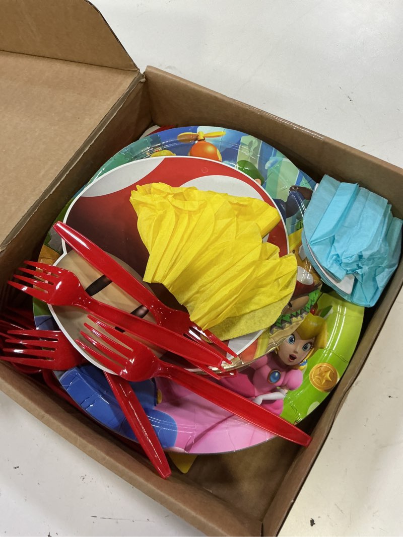 Condition photo showing As Is for super bros themed party decorations, birthday party supplies decorations set-plates napkins tablecloth banners fork etc for 20 guests kids birthday (set b)