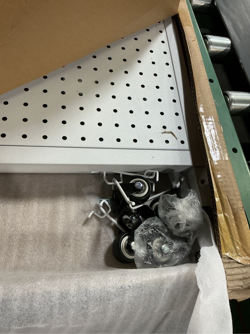 Condition photo showing As Is for royxen standing pegboard display 2 x 5 feet, metal pegboard with 30 hooks, peg board display stand with wheels for vendors, home and retail store (white)