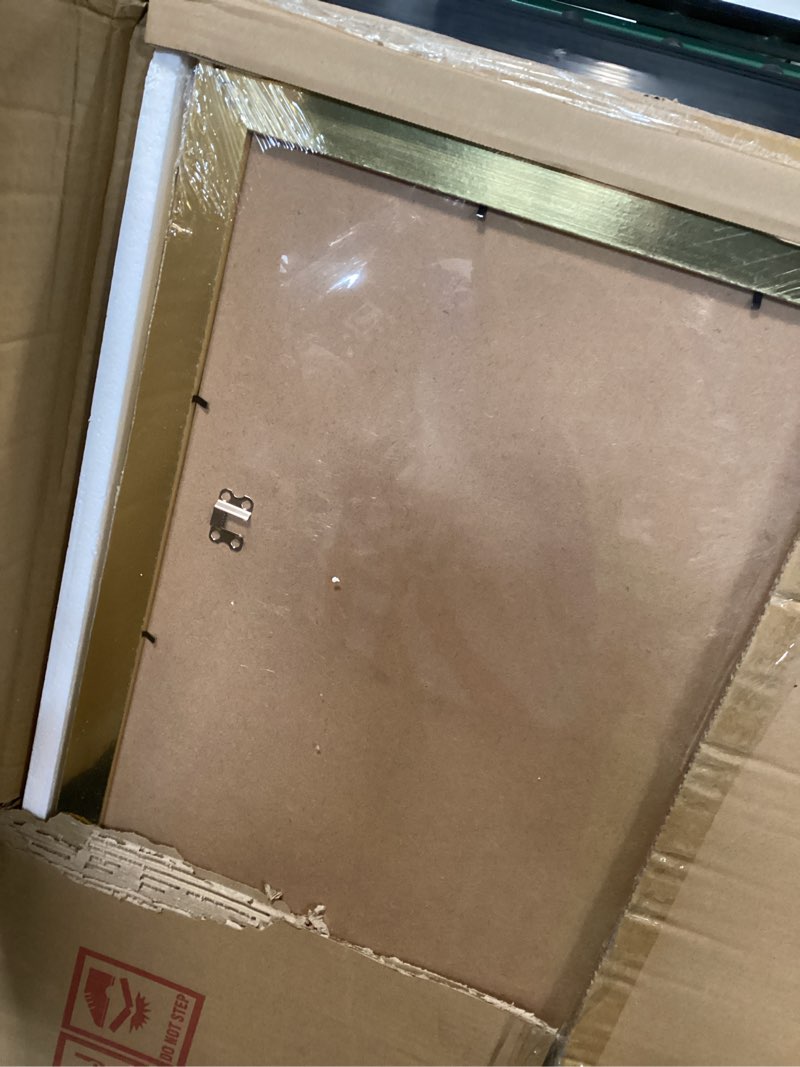 Condition photo showing As Is for lavie home 27x40 picture frame gold poster frame,display pictures 24x36 with mat or 27x40 without mat, frame and polished plexiglass, horizontal and vertical format of the walls 27x40 gold