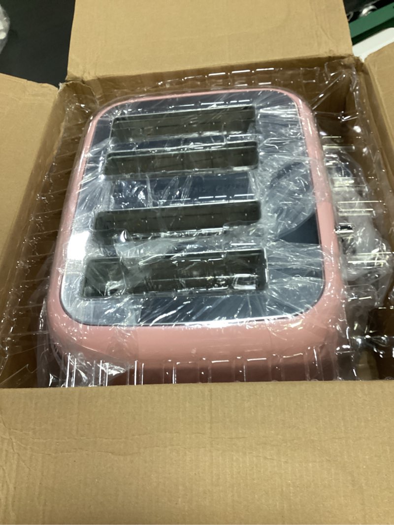 Condition photo showing Good Condition for roter mond toaster 4 slice retro stainless steel with extra wide slots bagel, defrost, reheat function, dual independent control panel, removable crumb tray, 6 browning levels, pink