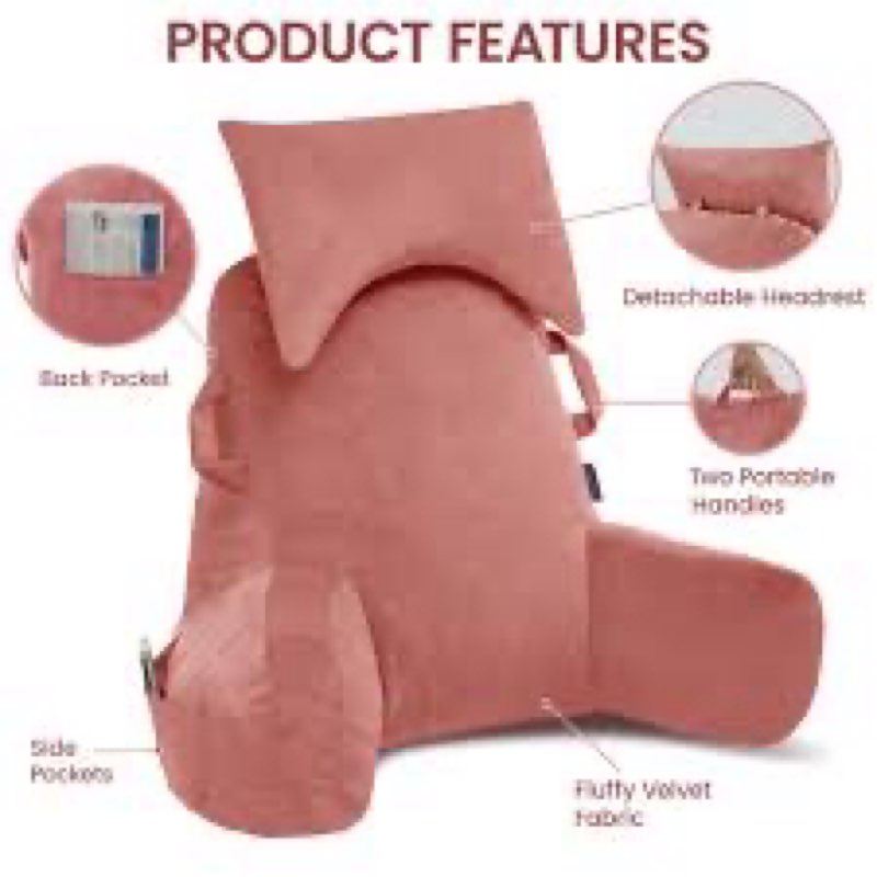 portable reading pillows with headrest for bed sitting up(dark pink oeko-tex), velvet back pillow with arms & pockets for adults, support memory foam bed pillow for dorm/watching/gaming