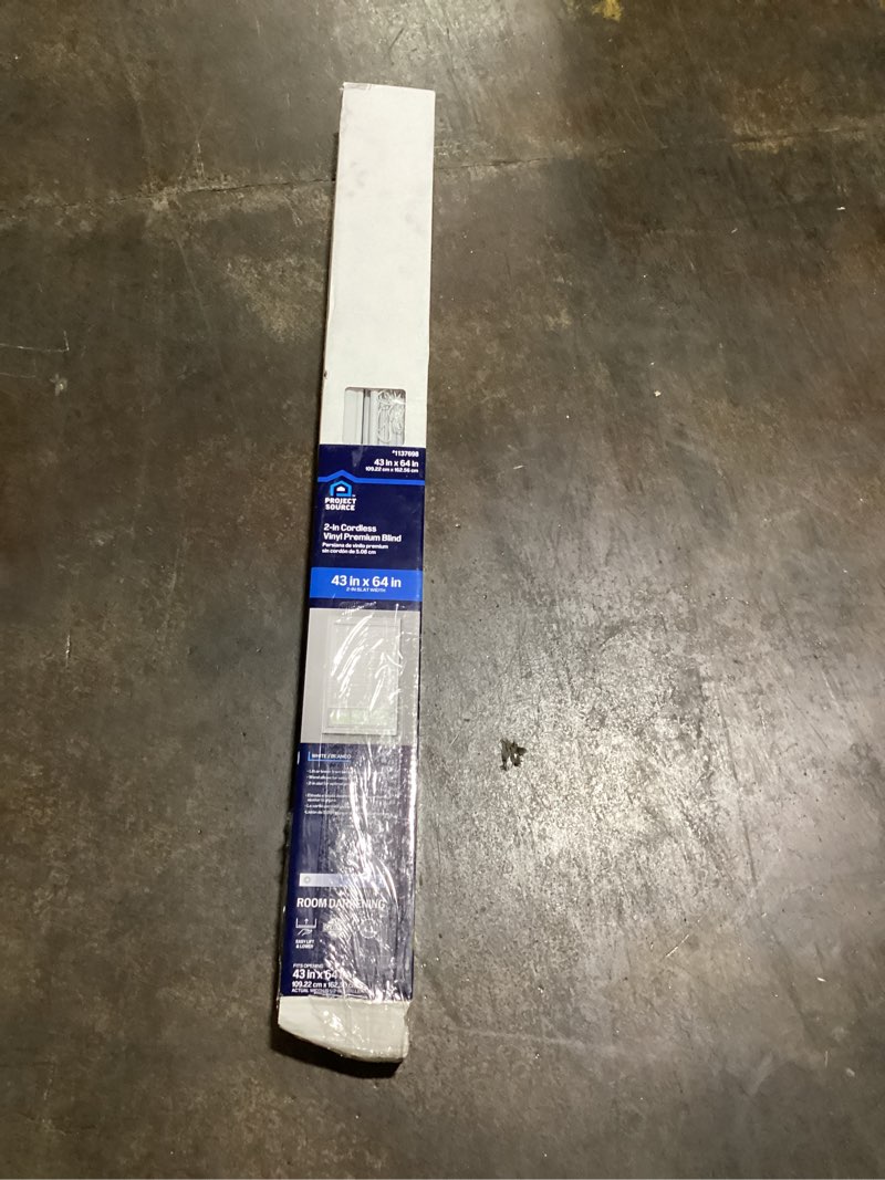 Condition photo showing New/Like New for project source premium 2-in slat width 43-in x 64-in cordless white vinyl room darkening
