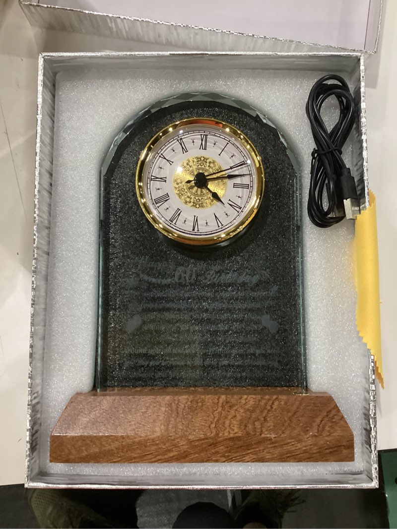 Condition photo showing New/Like New for happy 60th birthday glass clock gifts for women, men - 60 year old birthday gift with wooden light base for her him, turning 60 quartz clock gift idea for mom dad unique keepsake