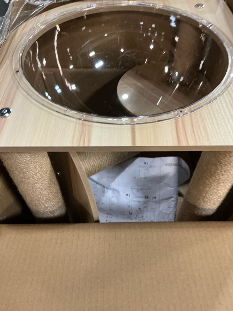 Condition photo showing As Is for 24.7in large cat tree for indoor cats, cat tower with sisal scratching posts, cat activity center with cat house, interactive teaser balls, sturdy wood cat climbing tower for kittens&adult cats, beige