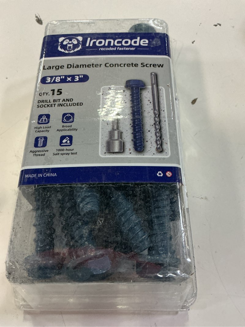 Condition photo showing Good Condition for 3/8 x 3 heavy-duty hex head concrete anchors, 15 pcs, corrosion resistant blue climaseal coating, outdoor rated use, concrete block and masonry brick screws 3/8 x 3"