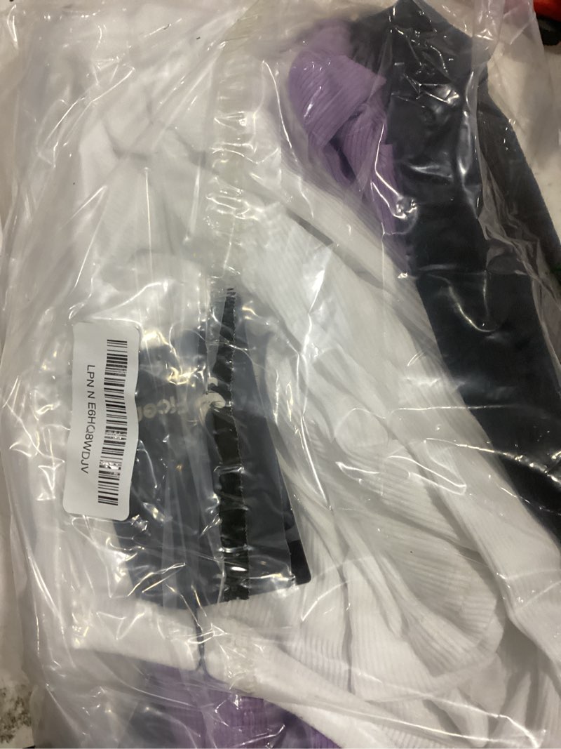 Condition photo showing As Is for ficerd 3 pack women's ribbed t-shirts, cotton short sleeve basic tees crewneck fitted tops casual shirts 2026 summer trendy medium black, white, taro purple