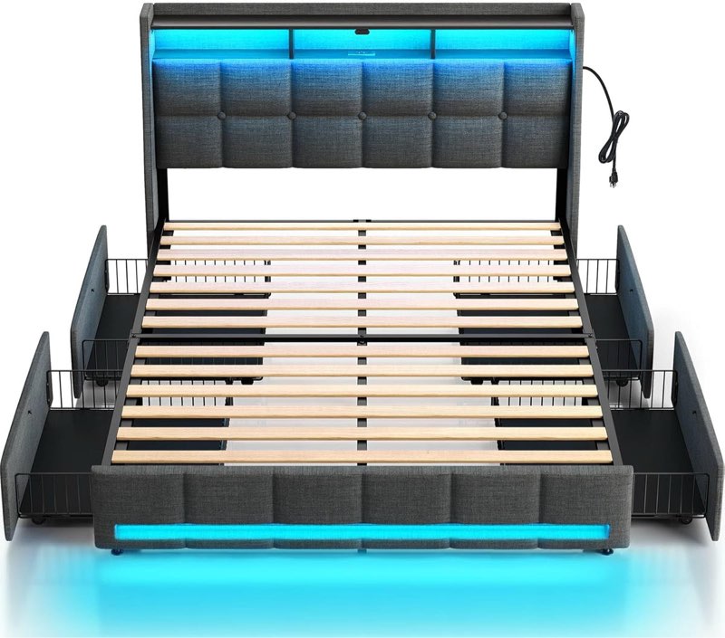 rolanstar queen size bed frame with led lights and charging station, upholstered bed storage headboard & drawers, heavy duty wood slats, easy assembly