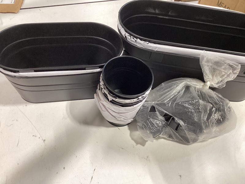 Condition photo showing Good Condition for 3 different size metal iron hanging flower pots 10 pcs for outdoor plants metal hanging bucket pots iron railing fence planter with drainage holes and hooks for porch railing balcony fence (black) 10 black