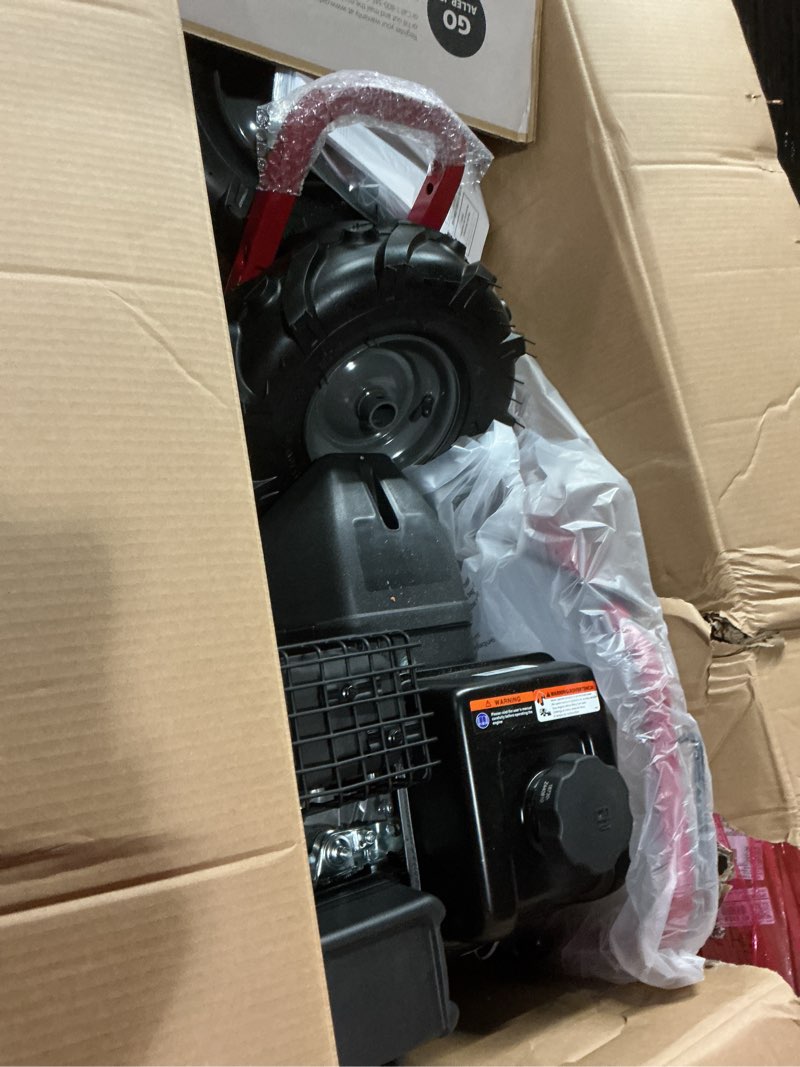 Condition photo showing As Is for EARTHQUAKE Victory Rear Tine Tiller, Powerful 209cc 4-Cycle Viper Engine, Rugged Bronze Gear Transmission, Counter-Rotating Tines, Instant Reverse, Pneumatic Wheels, Model: 39381, Red/Black 209 CC VIPER Rear Tine Tiller