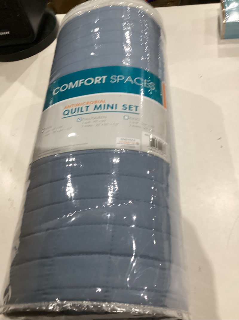 Condition photo showing As Is for Comfort Spaces Kienna Quilt Set- Double Sided Stitching Design Summer Blanket, Lightweight, Soft, All Season Bedding Layer, Matching Sham, Blue, Coverlet Full/Queen(90"x90") 3 Piece Blue Quilt Full/Queen(90"x90") Plaid