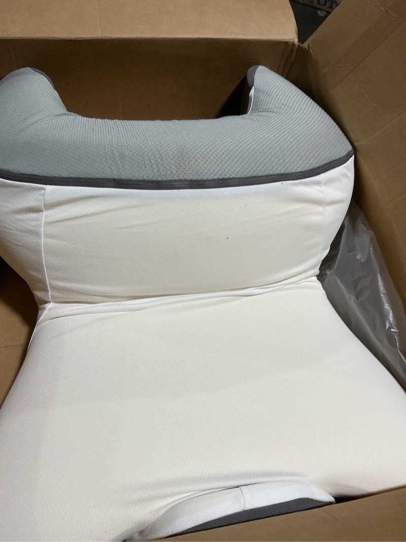 Condition photo showing As Is for Reading Pillow for Sitting in Bed, 22”H Back Pillow for Sitting Up,Lumbar Rest & Neck Support Bed Pillows,Backrest Bed Chair with Arms for Reclining,Gaming,Resting,Watching TV in Couch or Floor Grey&white