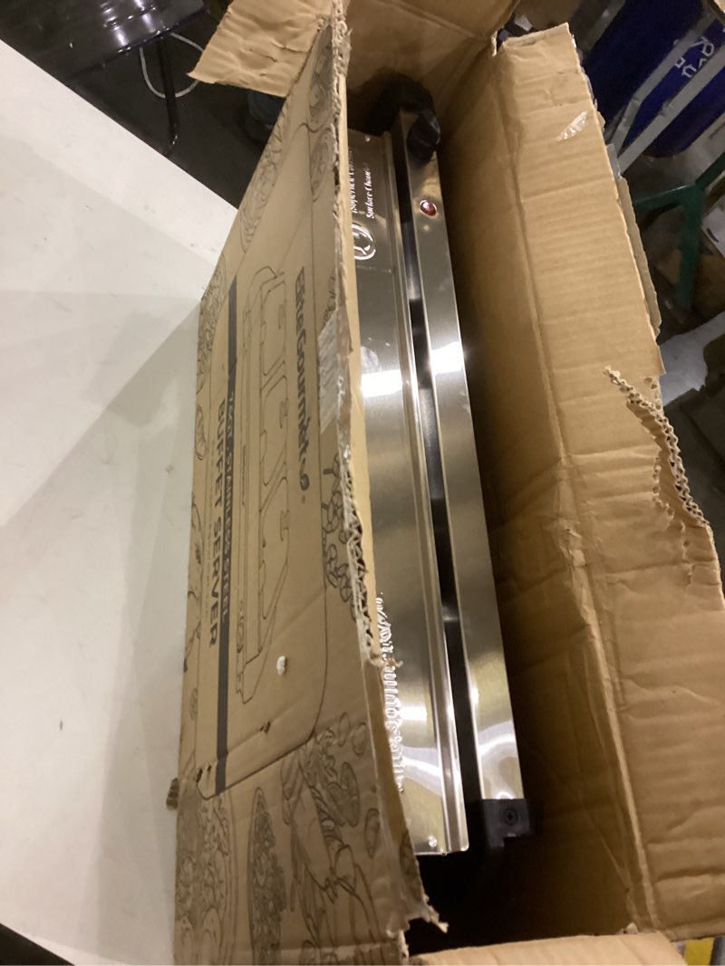 Condition photo showing As Is for Elite Gourmet EWM-6171 Triple 3 x 2.5 Qt. Trays, Buffet Server, Food Warmer Temperature Control, Clear Slotted Lids, Perfect for Parties, Entertaining & Holidays, 7.5 Qt Total, Stainless Steel 7.5 Quart