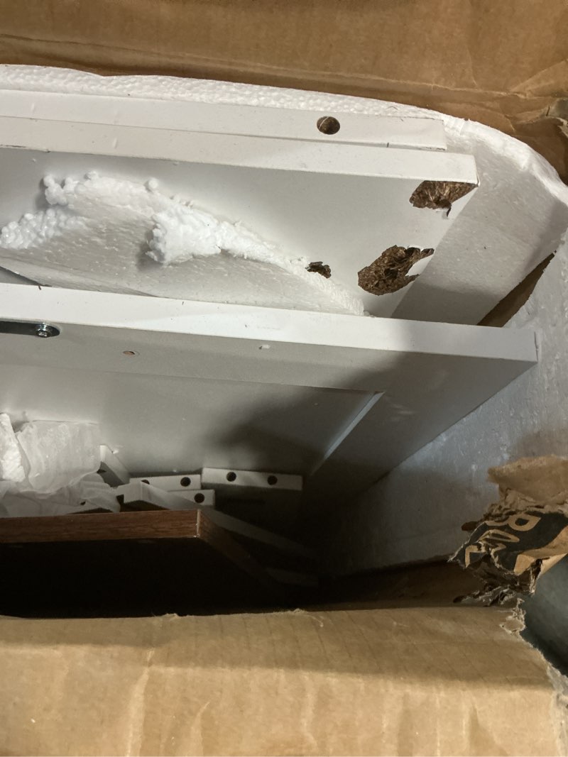 Condition photo showing As Is for tilt out trash can cabinet with charging station, kitchen trash bin cabinet with hooks, 10 gallons wooden recycling cabinet, hidden garbage cabinet, for kitchen, living room, white wb02uwh 1 x 10 gallons white + walnut