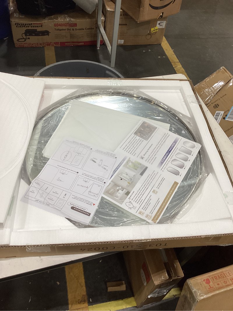 Condition photo showing Good Condition for andy star round bathroom mirror, 24’’ brushed silver round bathroom mirrors in stainless steel metal frame 1" deep set design silver 24"l x 24"w