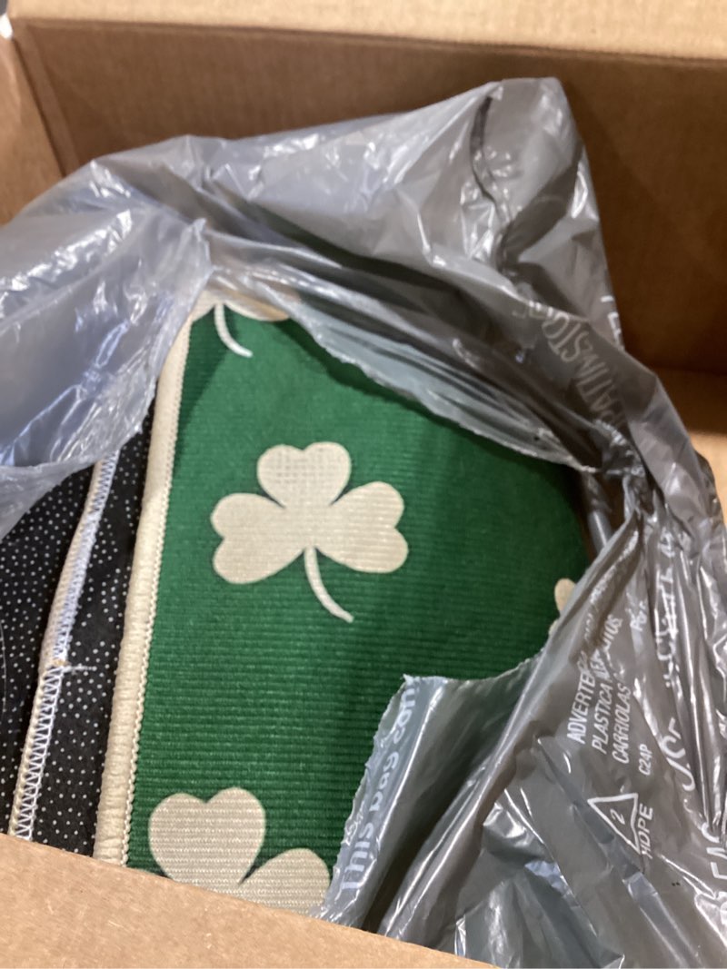 Condition photo showing Good Condition for 2 pcs st. patrick's day kitchen mats set green shamrocks welcome floor doormats, non slip waterproof rug for home office bathroom door party decor - 17x29 and 17x47 inch