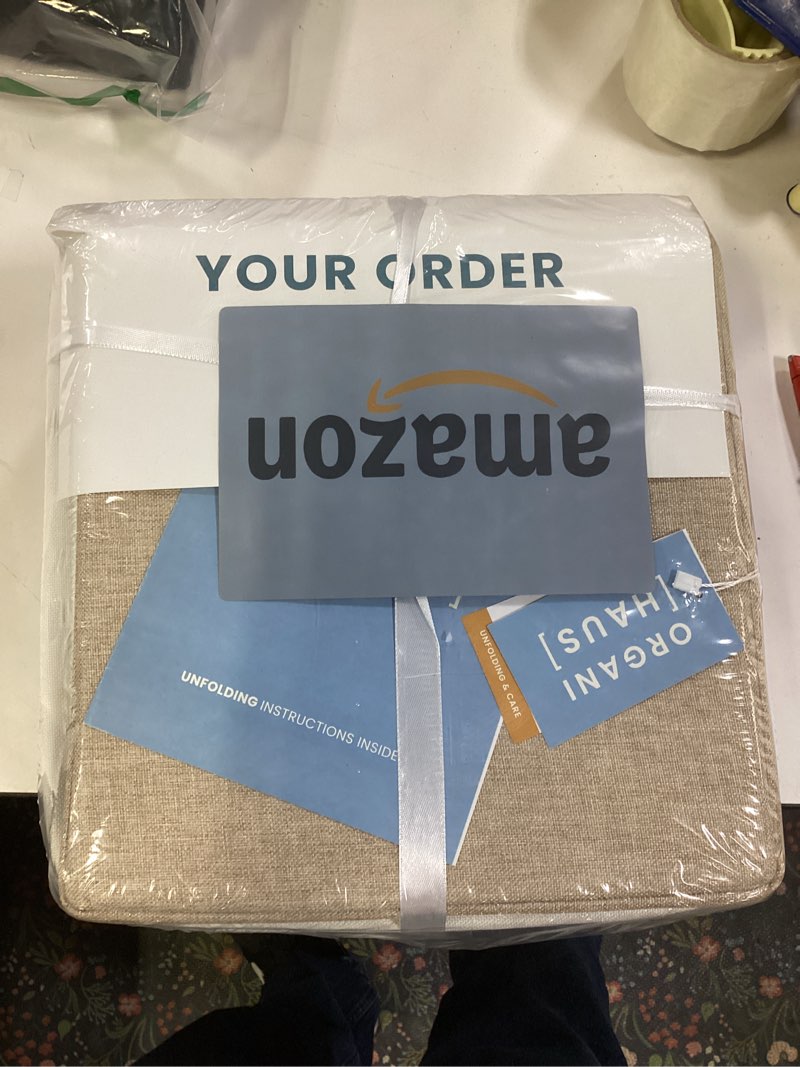 Condition photo showing New/Like New for OrganiHaus 11x11 Cube Storage Bins 4 Pack, Foldable Cube Storage Organizer w/ Rope Handles, Collapsible Fabric Bins for Toys, Clothes & Closet Organization, Fabric Square Baskets - Beige/White (11x11) Rope Handles Beige Base / Off-White