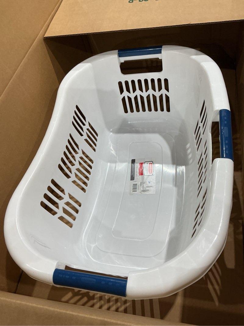 Condition photo showing Good Condition for rubbermaid hip hugger laundry basket fg299787wht 3 handle 1.5 bushel white