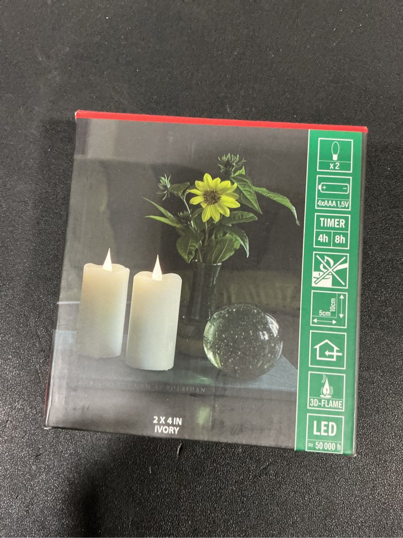 Condition photo showing New/Like New for Flameless Candles Battery Operated with Remote Timer, 3D Moving Flame Flickering, Last 400+ Hours, 2" x 4" Ivory Real Wax Electric LED Candle for Christmas Home Wedding Decor, 2 Pack 2" x 4"-2 Pack