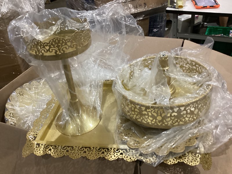 Condition photo showing As Is for topzea set of 4 cake stands, metal cupcake holder tiered dessert serving tower decor serving platter candy fruit display plates for baby shower, wedding, birthday, celebration, christmas, party, gold