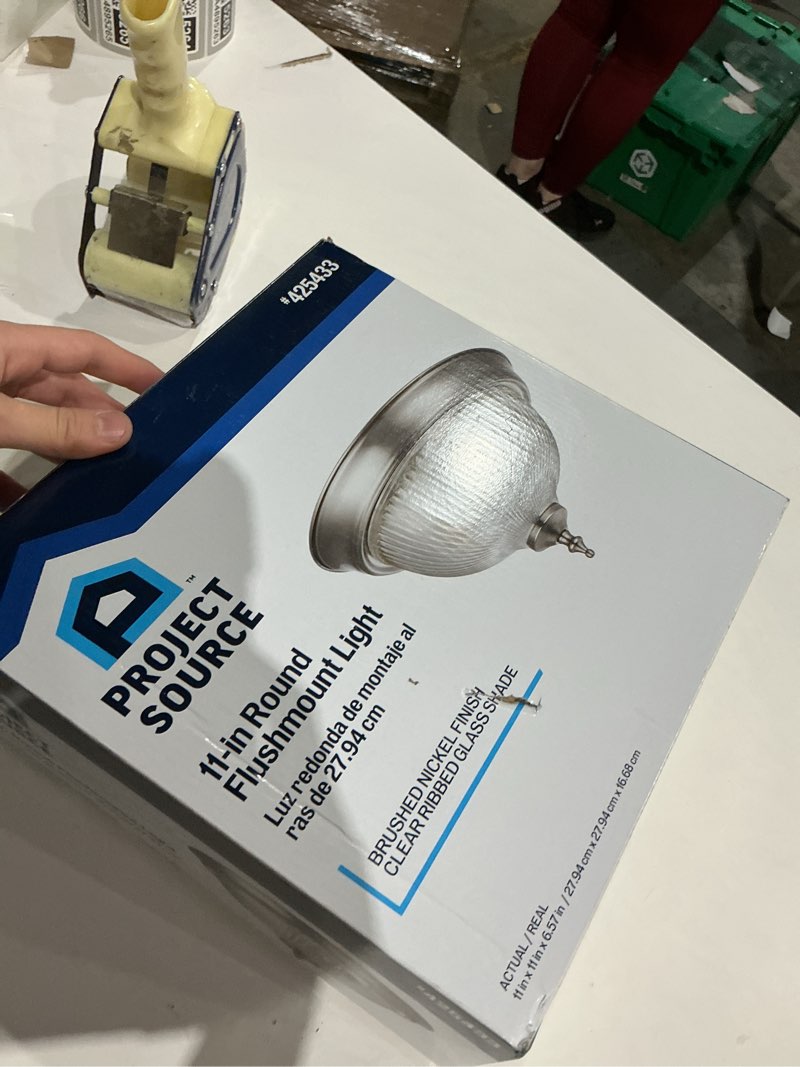 Condition photo showing As Is for project source 11-in brushed nickel indoor 1 -light flush mount light with ribbed glass
