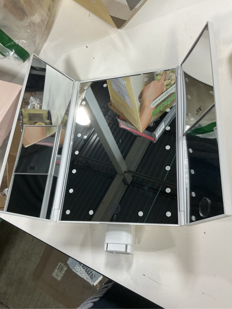 Condition photo showing Good Condition for fascinate trifold vanity mirror with lights, lighted makeup mirror 2x/3x magnification, 21 led touch dimming, dual power 180° rotation lit beauty table mirror, make up mirror with lighting white