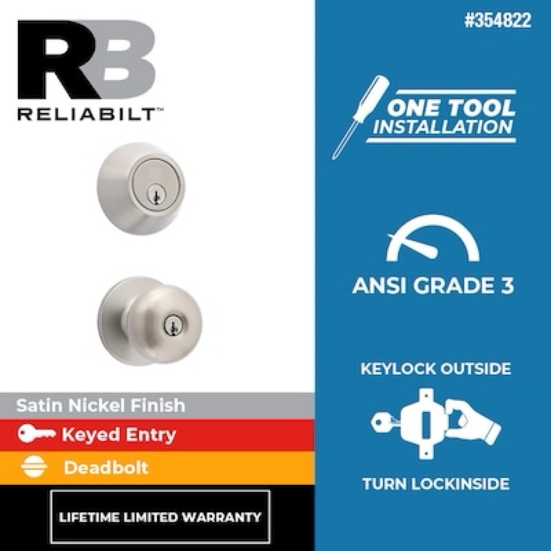 reliabilt baron satin nickel exterior single-cylinder deadbolt and keyed entry door