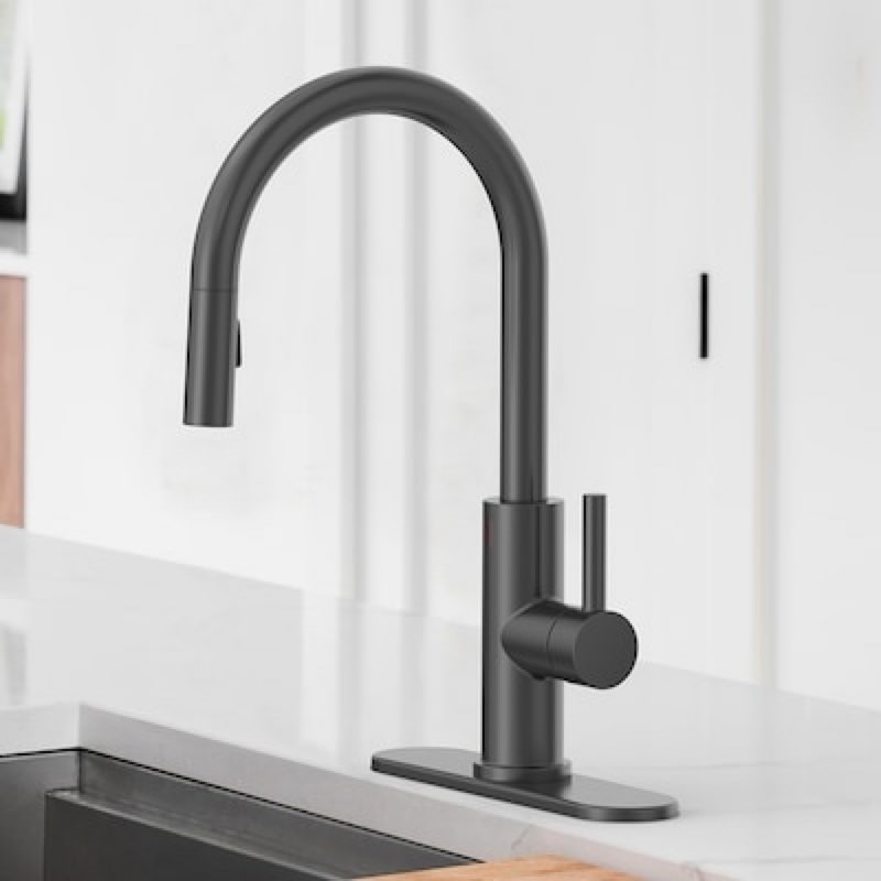 allen + roth harlow matte black single handle deck-mount touchless pull-down kitchen faucet with sprayer 